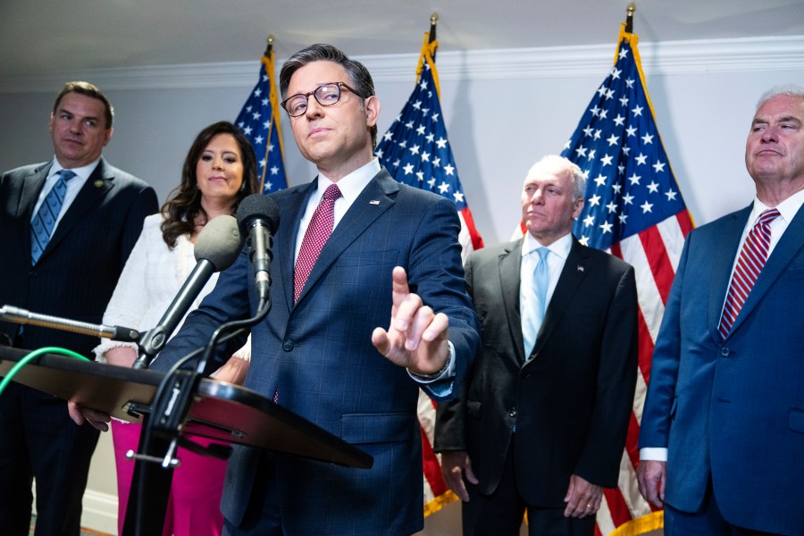 Speaker of the House Mike Johnson, R-La., conducts a news conference at the Republican National Committee after a meeting with Republican presidential candidate former President Donald Trump and the House Republican Conference on Thursday, June 13, 2024. Also appearing from left are, Rep. Richard Hudson, R-N.C., chairman of the National Republican Congressional Committee, House Republican Conference Chair Elise Stefanik, R-N.Y., House Majority Leader Steve Scalise, R-La., and House Majority Whip Tom Emmer, R-Minn. (Tom Williams/Pool via AP)