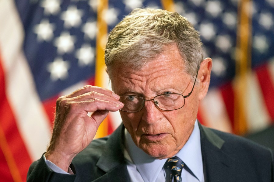 FILE - In this June 30, 2020, file photo, Sen. James Inhofe, R-Okla., speaks to reporters following a GOP policy meeting on Capitol Hill in Washington. Sen. Inhofe has died Tuesday, July 9, 2024. He was 89. (AP Photo/Manuel Balce Ceneta, File)