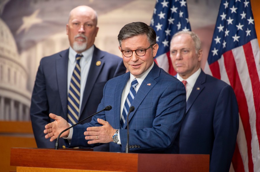 Speaker of the House Mike Johnson, R-La., speaks at a news conference with Rep. Chip Roy, R-Texas, left, House Majority Leader Steve Scalise, R-La., right, at the Capitol on Tuesday, July 9, 2024 in Washington. (AP Photo/Kevin Wolf)