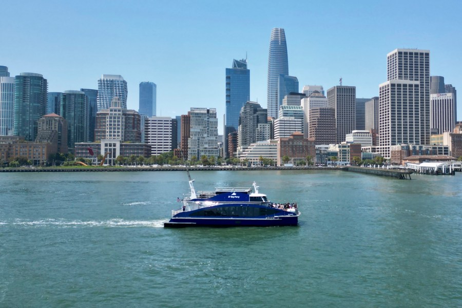 The MV Sea Change, the first commercial passenger ferry powered by hydrogen fuel cells, is seen on the water, Friday, July 12, 2024, in San Francisco. The MV Sea Change will begin offering free rides to the public along the San Francisco waterfront on Friday, July 19. (AP Photo/Terry Chea)