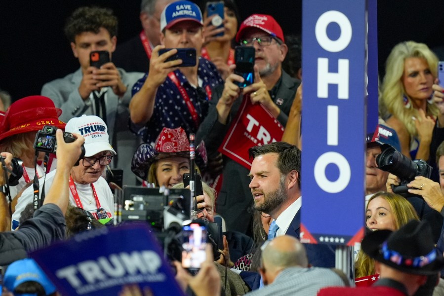 Republican vice presidential candidate Sen. JD Vance, R-Ohio, is introduced during the first day of the Republican National Convention on Monday, July 15, 2024, in Milwaukee. (AP Photo/J. Scott Applewhite)