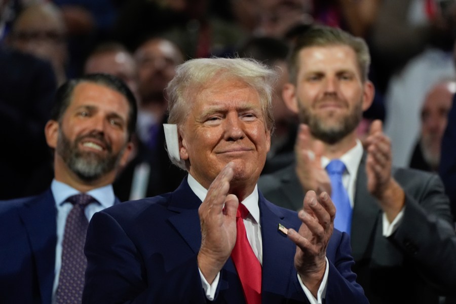 FILE - Presidential candidate and former president, Donald Trump, appears during the Republican National Convention in Milwaukee, Monday, July 15, 2024. (AP Photo/Paul Sancya, File)