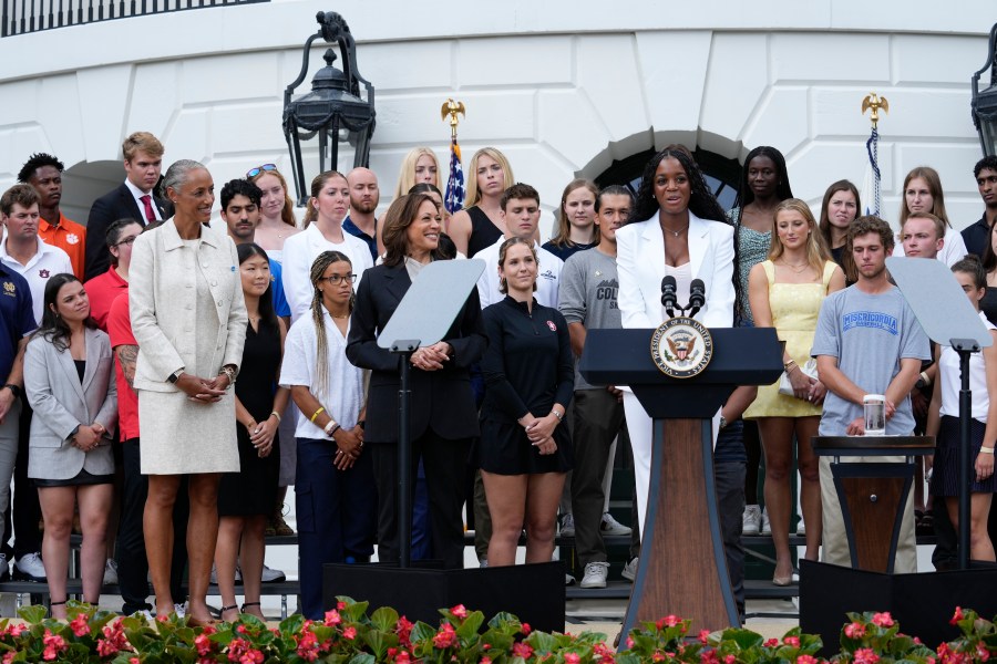 Florida State University women's soccer player Jordynn Dudley speaks from the South Lawn of the White House in Washington, Monday, July 22, 2024, as Vice President Kamala Harris looks on, during an event with NCAA college athletes. This is Harris' first public appearance since President Joe Biden endorsed her to be the next presidential nominee of the Democratic Party. (AP Photo/Susan Walsh)