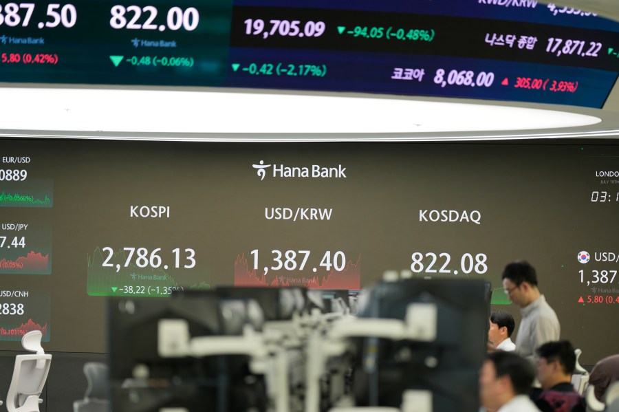 FILE - Currency traders watch computer monitors near the screens showing the Korea Composite Stock Price Index (KOSPI), left, and the foreign exchange rate between U.S. dollar and South Korean won at a foreign exchange dealing room in Seoul, South Korea, Friday, July 19, 2024. Asian stocks mostly fell on Wednesday, July 24, as markets digested Japanese and Australian business data, after U.S. stocks held relatively steady as earnings reporting season ramped up for big companies. (AP Photo/Lee Jin-man, File)