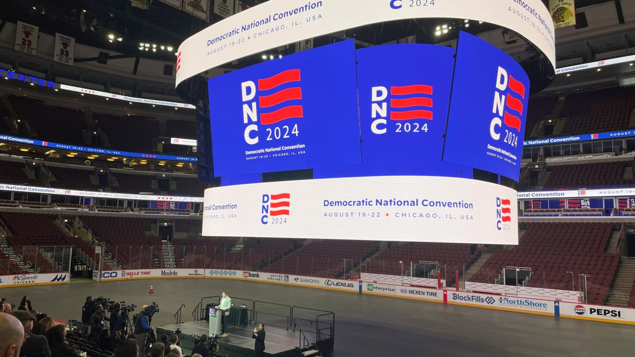 Media attend a Democratic National Convention walk through at the United Center in Chicago, Jan. 18, 2024. After a year of planning for just the right event, organizers of the Democratic National Convention are suddenly gaming out how to showcase a new headliner, a new No. 2 and a commander in chief who’s being shifted to a more peripheral position. (AP Photo/Pablo Martinez Monsiváis)