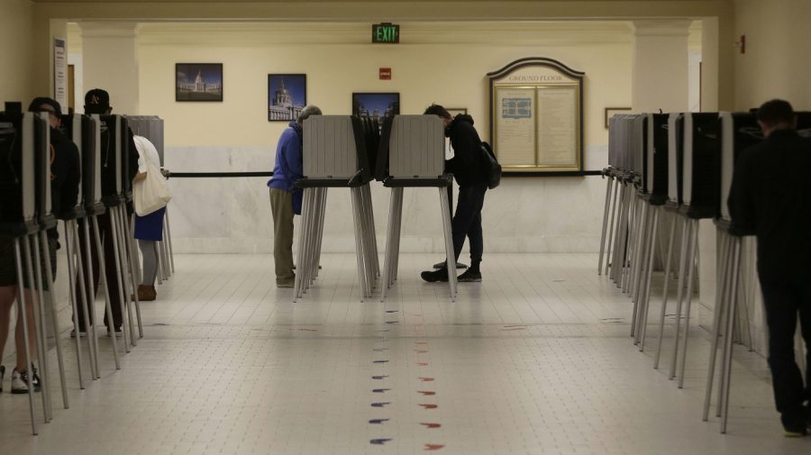 Voters cast ballots in voting booths.