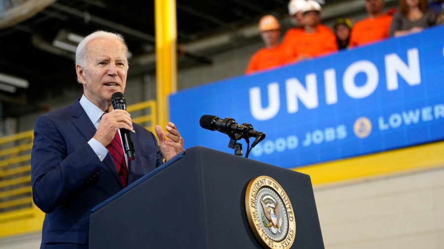 President Joe Biden speaks about his economic agenda at LIUNA Training Center, Wednesday, Feb. 8, 2023, in DeForest, Wis. (AP Photo/Patrick Semansky)