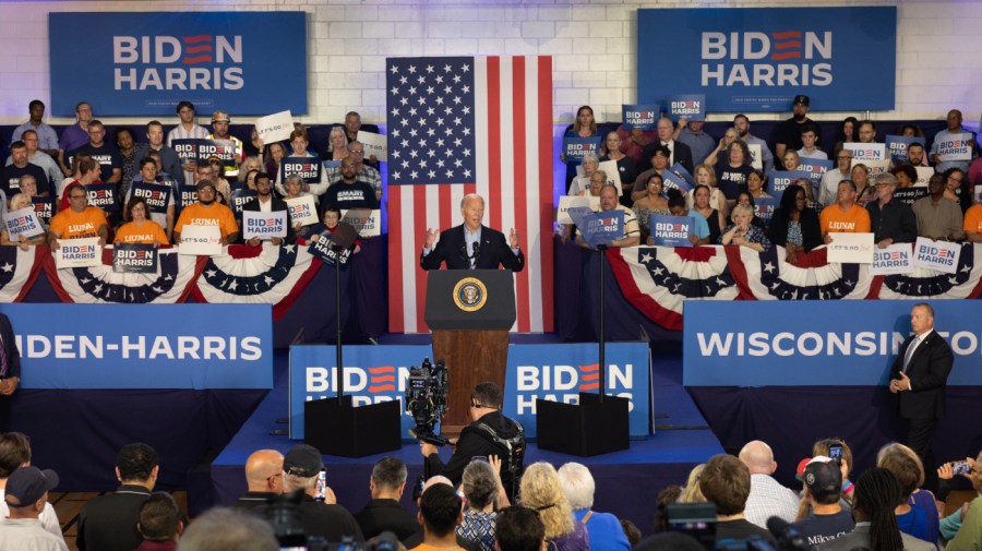 President Joe Biden speaks to supporters during a campaign rally at Sherman Middle School on July 05, 2024 in Madison, Wisconsin. Following the rally Biden was expected to sit down for a network interview which is expected to air during prime time as the campaign scrambles to do damage control after Biden's poor performance at last week's debate. (Photo by Scott Olson/Getty Images)