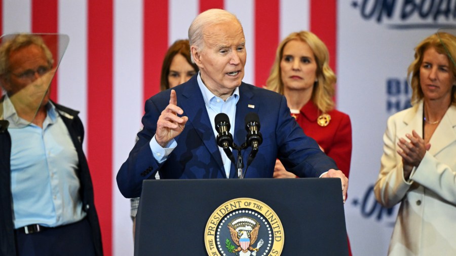 U.S. President Joe Biden speaks during a campaign event at Martin Luther King Recreation Center on April 18, 2024 in Philadelphia, Pennsylvania. U.S. President Joe Biden is on a multi-city tour of the battleground state of Pennsylvania where he renewed calls to increase taxes on wealthy Americans and large corporations. (Photo by Drew Hallowell/Getty Images)