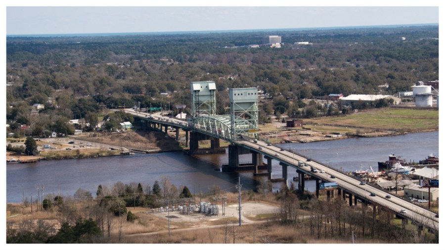 An aerial view of the Cape Fear Memorial Bridge over the Cape Fear River on February 26, 2016 in Wilmington, North Carolina. (Photo by Lance King/Getty Images)