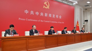 Shen Chunyao (2 L) Director of the Legislative Affairs Commission of the Standing Committee of the National People's Congress, Mu Hong (3rd L) Member of the CPC Leading Group and Vice Chairperson of the National Committee of the Chinese People's Political Consultative Conference, Han Wenxiu (3rd R) Deputy Director in charge of routine work of the office of the Central Financial and Economic Affairs Commission, Huai Jinpeng (2nd R) Secretary of the CPC Leading Group of the Ministry of Education and also Minister of Education, and Tang Fangyu (R) Deputy Director of the Policy Research office attend a press conference of the Central Committee of the CPC in Beijing on July 19, 2024. (Photo by ADEK BERRY/AFP via Getty Images)