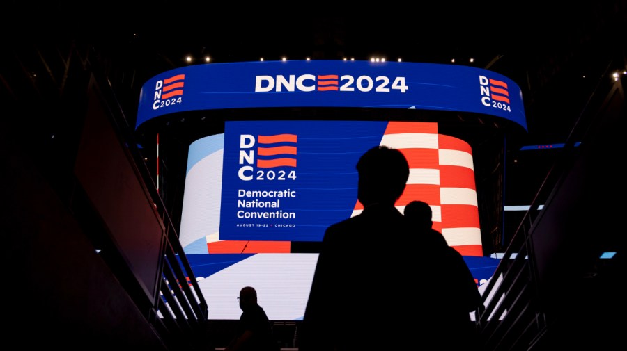 Signage is displayed during a walkthrough of the Democratic National Convention on May 22, 2024, at the United Center. (Brian Cassella/Chicago Tribune/Tribune News Service via Getty Images)