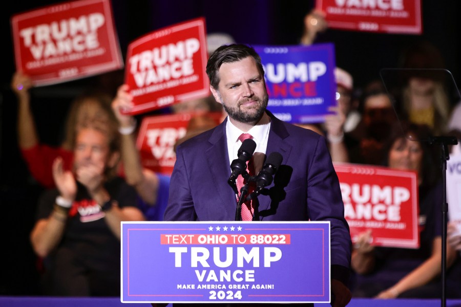 FILE - Republican vice presidential candidate Sen. JD Vance, R-Ohio, speaks during a rally in his home town of Middletown, Ohio, July 22, 2024. Trump is used to defending himself. But as JD Vance's rocky rollout continues, the Republican presidential nominee is in the rare position this week of having to defend someone else’s controversial comments. (AP Photo/Paul Vernon, File)