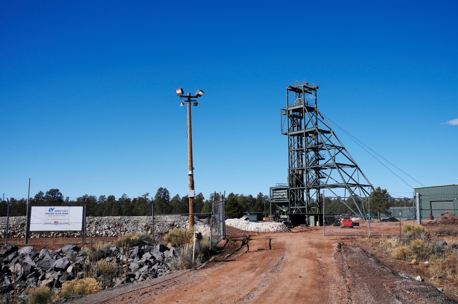 FILE - The front entrance at the Energy Fuels Inc. uranium Pinyon Plain Mine is shown on Wednesday, Jan. 31, 2024, near Tusayan, Ariz. Navajo President Buu Nygren vowed to carry out a plan to enact roadblocks to prevent the transportation of uranium ore through the reservation while the tribe develops regulations to cover what are the first major shipments of uranium through its land in years. (AP Photo/Ross D. Franklin, File)