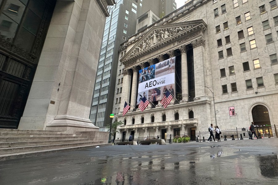 The New York Stock Exchange, with a banner for American Eagle Outfitters, is shown on Tuesday, Sept. 17, 2024, in New York. (AP Photo/Peter Morgan)