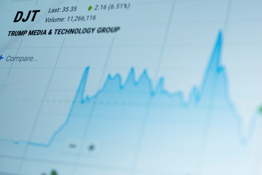 FILE - The stock price chart for the Trump Media and Technology Group on the NASDAQ website is seen on a computer screen in New York on April 19, 2024. (AP Photo/Patrick Sison, File)