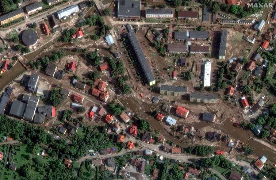 This satellite image released by Maxar Technologies shows debris and mud after heavy rains and flooding in Stronie Slaskie, Poland, Tuesday, Sept. 17, 2024. (Satellite image ©2024 Maxar Technologies via AP)