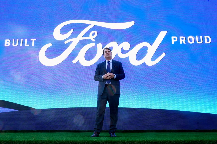 FILE - Jim Farley, Ford president and CEO, speaks during a presentation on Sept. 28, 2021, in Memphis, Tenn. (AP Photo/Mark Humphrey, File)