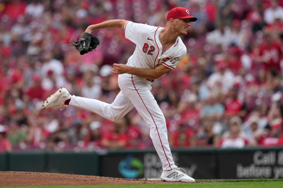 FILE - Cincinnati Reds pitcher Brandon Leibrandt follows through on a pitch during the fifth inning of a baseball game against the Oakland Athletics, Thursday, Aug. 29, 2024, in Cincinnati. (AP Photo/Carolyn Kaster, File)