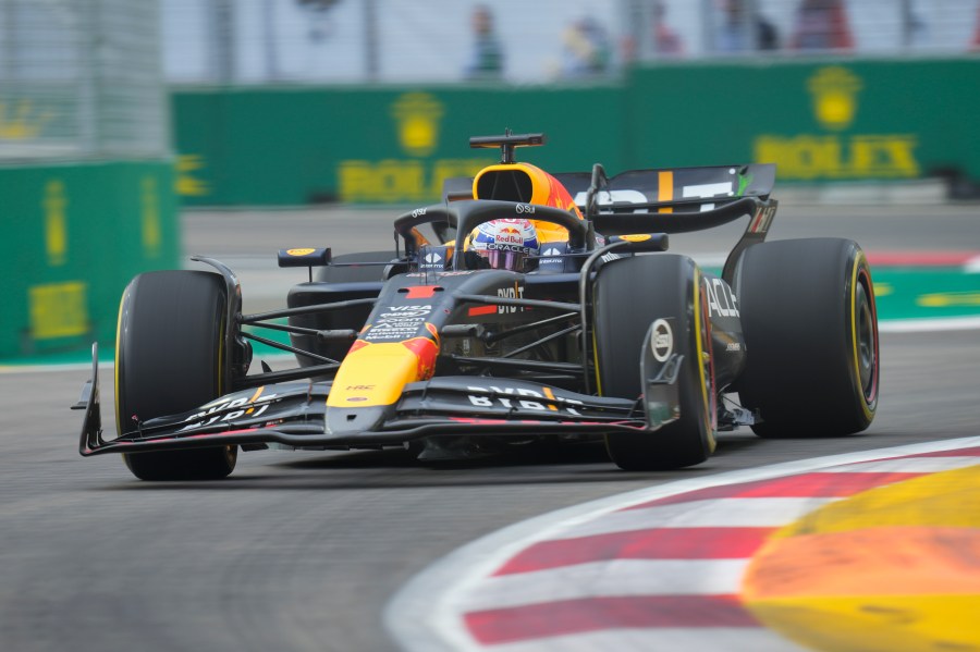 Red Bull driver Max Verstappen of the Netherlands steers his car during the first practice session of the Singapore Formula One Grand Prix at the Marina Bay Street Circuit, in Singapore, Friday, Sept. 20, 2024. (AP Photo/Vincent Thian)