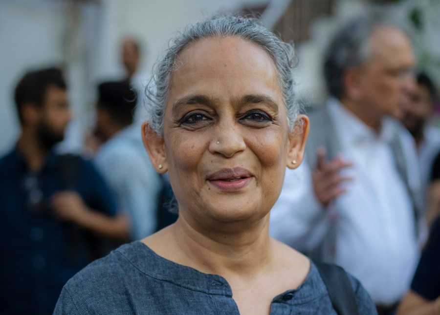 FILE - Writer and activist Arundhati Roy participates in a protest at the press club of India in New Delhi, India on Oct. 4, 2023. (AP Photo/Altaf Qadri, File)