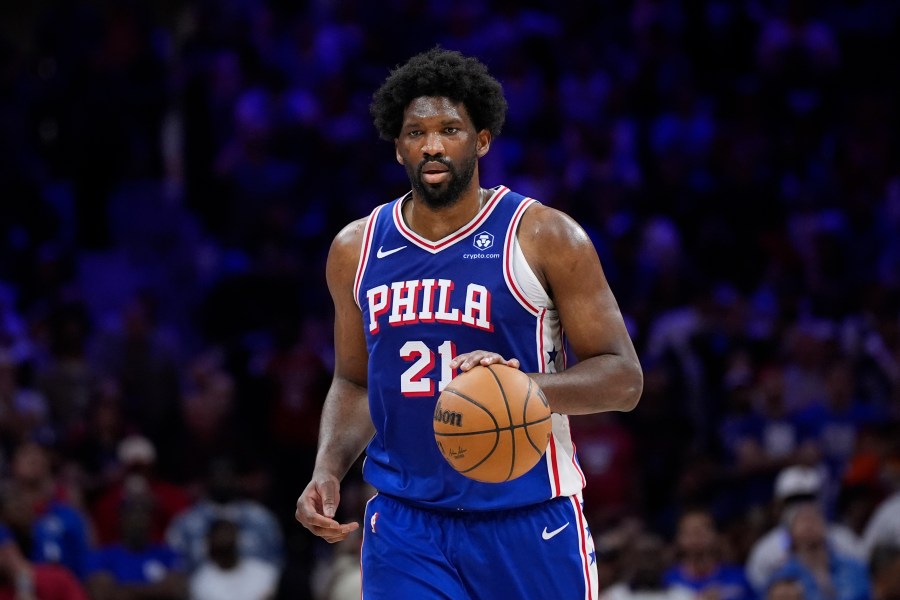 FILE - Philadelphia 76ers' Joel Embiid plays during Game 6 in an NBA basketball first-round playoff series, Thursday, May 2, 2024, in Philadelphia. (AP Photo/Matt Slocum, File)