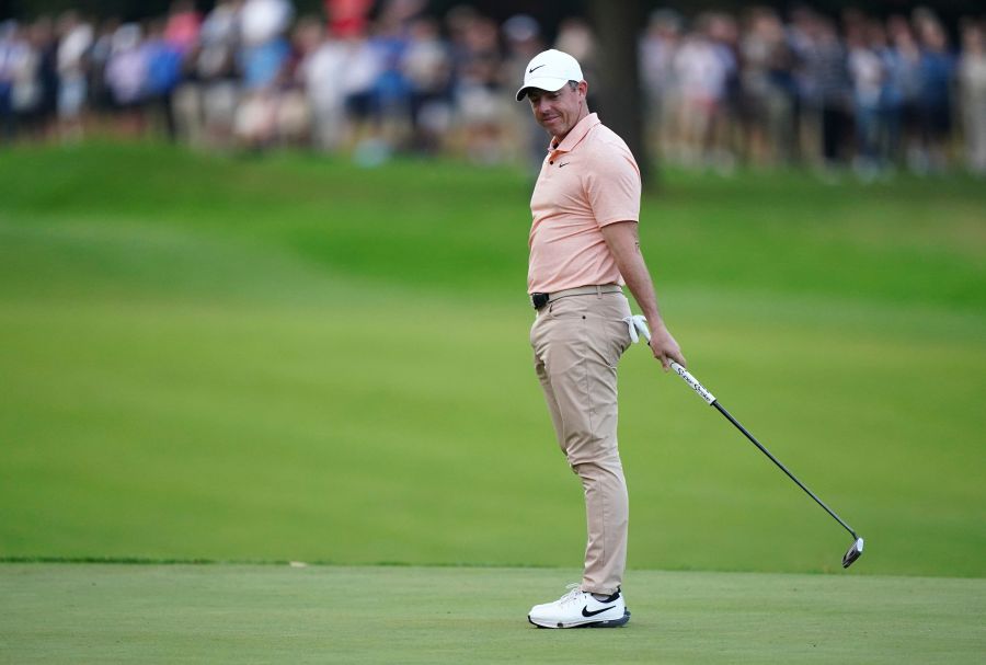 Northern Ireland's Rory McIlroy reacts after missing his birdie putt on the 18th during day two of the 2024 BMW PGA Championship at Wentworth Golf Club in Virginia Water, England, Friday Sept. 20, 2024. (Zac Goodwin/PA via AP)