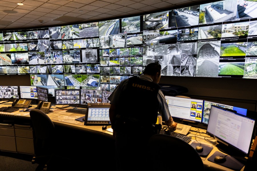 A U.N. security officer inside the U.N. Security Operations Center inside the United Nations Headquarters, Friday Sept. 20, 2024. (AP Photo/Stefan Jeremiah)