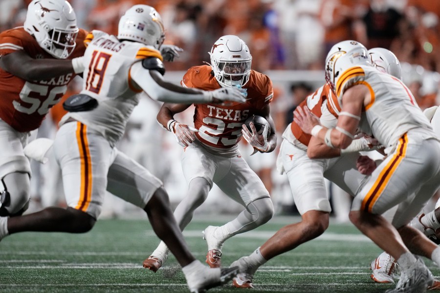 Texas running back Jaydon Blue (23) runs against Louisiana-Monroe during the first half of an NCAA college football game in Austin, Texas, Saturday, Sept. 21, 2024. (AP Photo/Eric Gay)