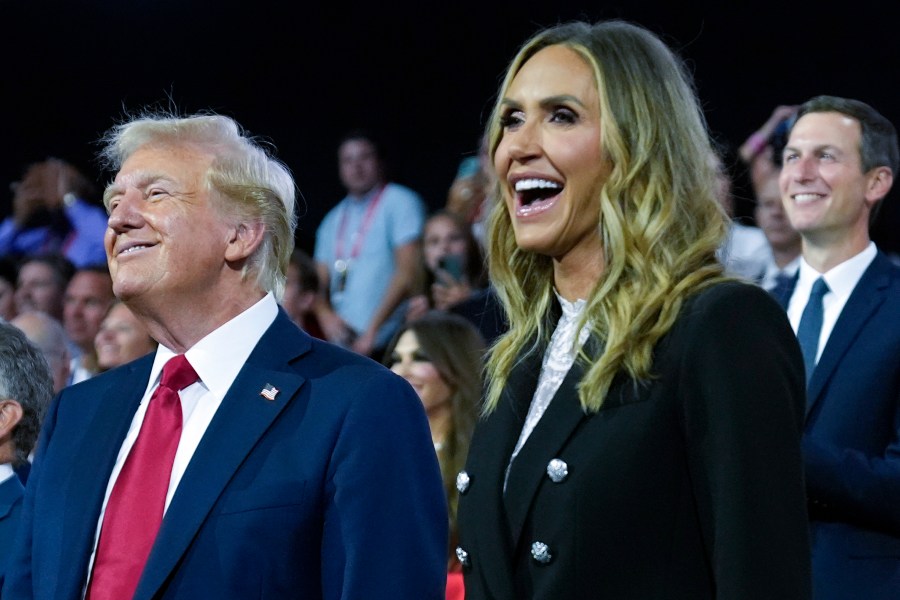 FILE - Republican presidential candidate former President Donald Trump and Republican National Committee co-chair Lara Trump attend the final day of the Republican National Convention at the Fiserv Forum, July 18, 2024, in Milwaukee. (AP Photo/Evan Vucci, File)