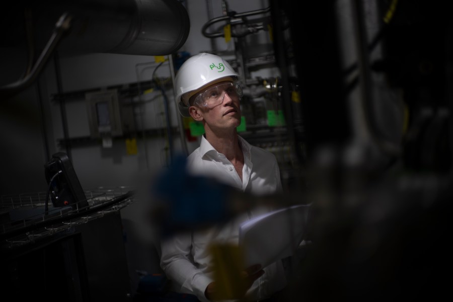 Jordi Zonneveld poses for a portrait at Plug Power where they produce green hydrogen in Alphen aan den Rijn, Netherlands, Friday, June 16, 2023. (AP Photo/Peter Dejong)