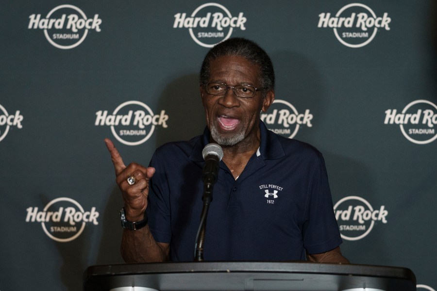 FILE - Mercury Morris speaks to reporters before the Celebration of Life ceremony for former Miami Dolphins football head coach Don Shula on Oct. 2, 2021 at Hard Rock Stadium in Miami Gardens, Fla. (AP Photo/Bryan Cereijo, file)