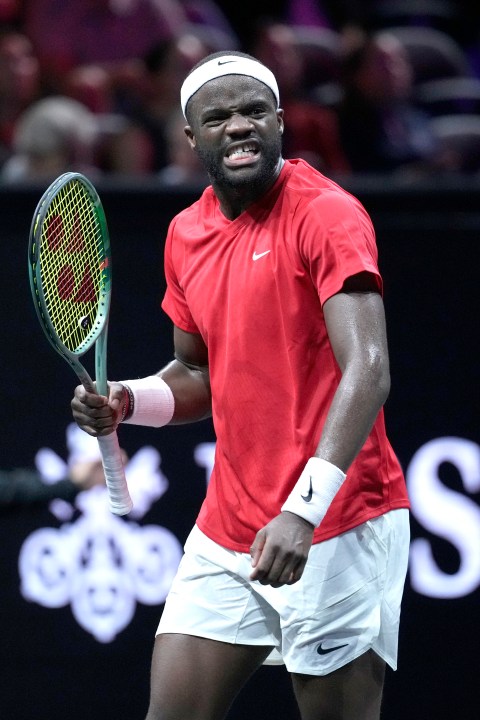 Team World's Frances Tiafoe reacts after his singles tennis match against Team Europe's Alexander Zverev on the third day of the Laver Cup tennis tournament, at the Uber arena in Berlin, Germany, Sunday, Sept. 22, 2024. (AP Photo/Ebrahim Noroozi)