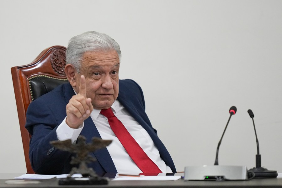 FILE - Mexican President Andres Manuel Lopez Obrador meets with his security cabinet at the National Place in Mexico City, Aug. 2, 2024. (AP Photo/Fernando Llano, File)