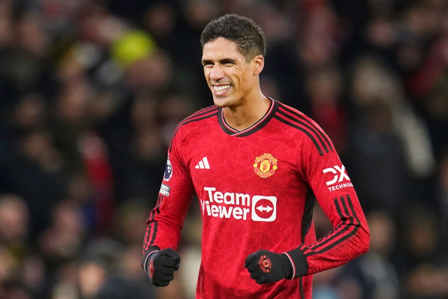 FILE - Manchester United's Raphael Varane celebrates on the full time during the English Premier League soccer match between Manchester United and Aston Villa at the Old Trafford stadium in Manchester, England, on Dec. 26, 2023. (AP Photo/Dave Thompson, File)