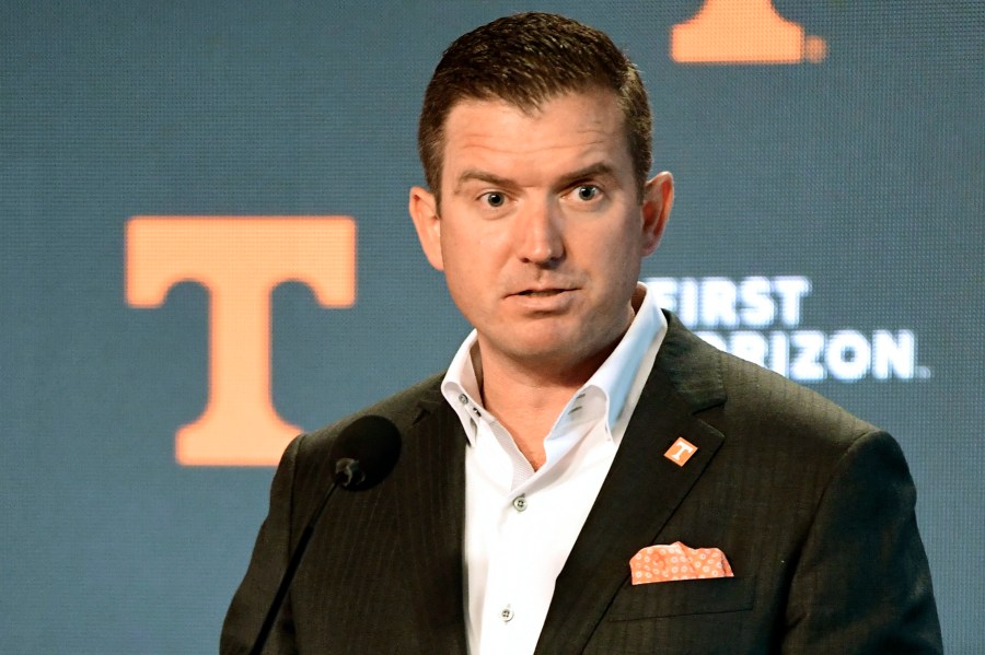 FILE - University of Tennessee's new Director of Athletics Danny White speaks during a press conference in Knoxville, Tenn., Jan. 22, 2021. (Caitie McMekin/Knoxville News Sentinel via AP, Pool, File)