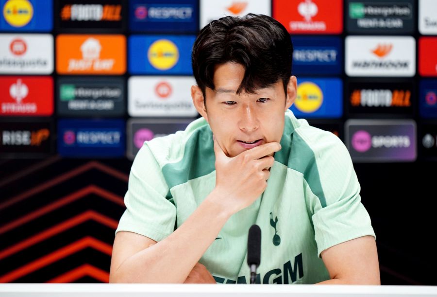 Tottenham Hotspur's Son Heung-Min, gestures during a press conferece, at Hotspur Way Training Ground, in London, Wednesday, Sept. 25, 2024, ahead of their Europa League soccer match against Qarabağ FK on Thursday. (Zac Goodwin/PA via AP)