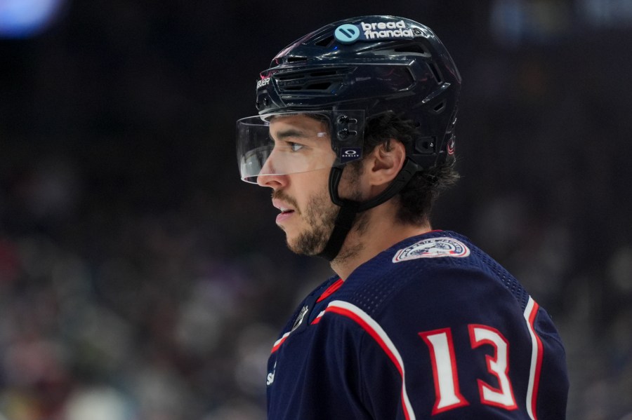 FILE - Columbus Blue Jackets' Johnny Gaudreau (13) awaits the face-off during an NHL hockey game against the Nashville Predators, Saturday, March 9, 2024, in Columbus, Ohio. (AP Photo/Aaron Doster, file)