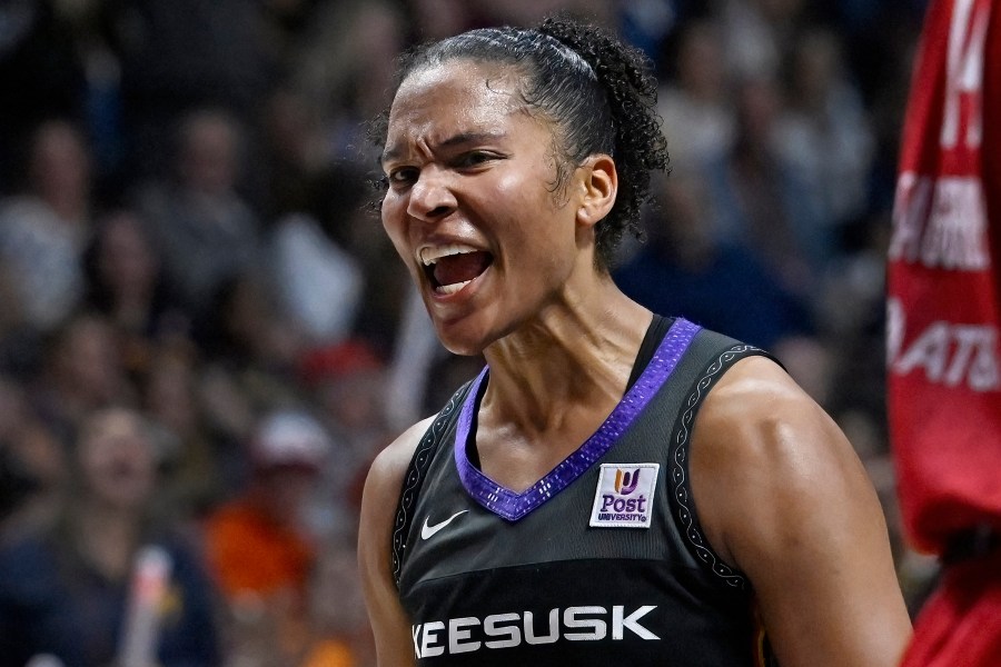 Connecticut Sun forward Alyssa Thomas reacts during the second half in Game 2 of a first-round WNBA basketball playoff series against the Indiana Fever, Wednesday, Sept. 25, 2024, in Uncasville, Conn. (AP Photo/Jessica Hill)