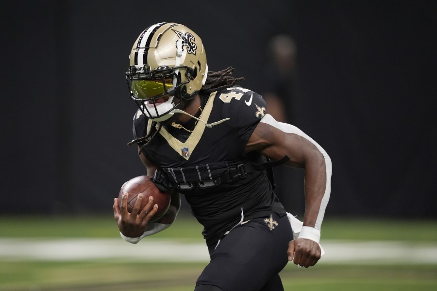 New Orleans Saints running back Alvin Kamara (41) before an NFL football game in New Orleans, Sunday, Sept. 22, 2024. The Eagles won 15-12. (AP Photo/Gerald Herbert)