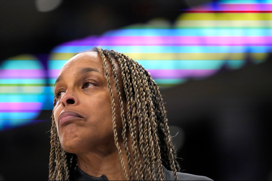 FILE - Chicago Sky head coach Teresa Weatherspoon looks across the court during a WNBA basketball game against the New York Liberty, June 4, 2024, in Chicago. (AP Photo/Charles Rex Arbogast, File)