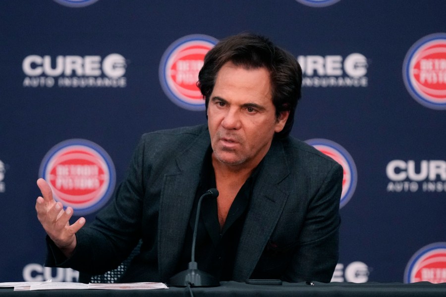 FILE - Detroit Pistons owner Tom Gores addresses the media after Monty Williams was introduced as the team's new head basketball coach during a news conference, June 13, 2023, in Detroit. (AP Photo/Carlos Osorio, File)