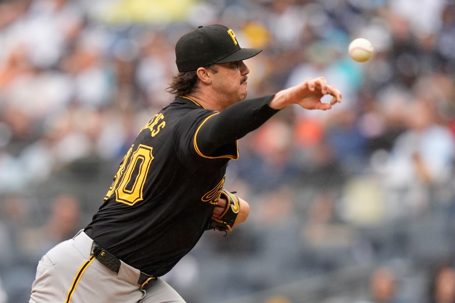 Pittsburgh Pirates' Paul Skenes pitches during the first inning of a baseball game against the New York Yankees, Saturday, Sept. 28, 2024, in New York. (AP Photo/Frank Franklin II)