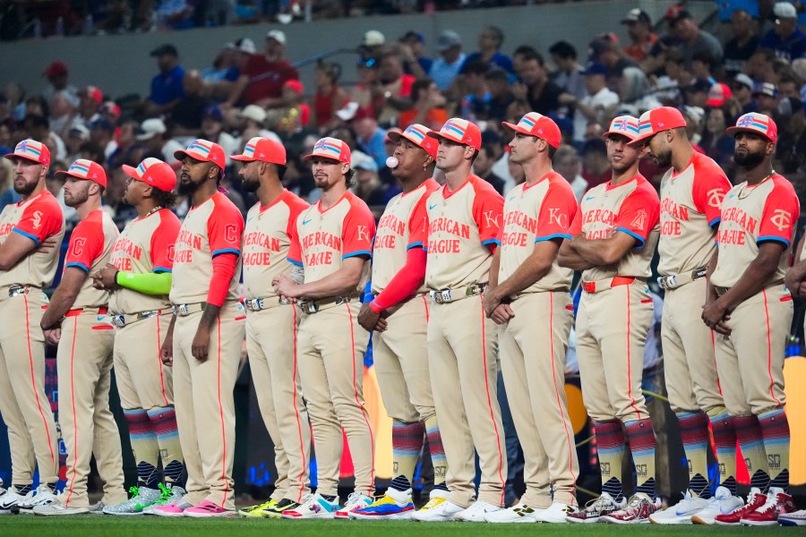 FILE - American League players line up before the MLB All-Star baseball game, July 16, 2024, in Arlington, Texas. (AP Photo/LM Otero, File)