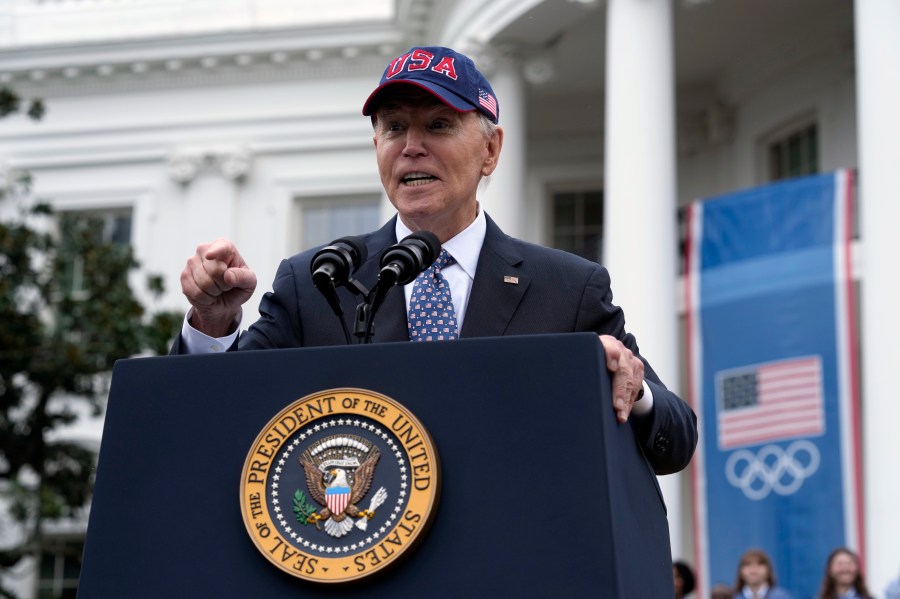 President Joe Biden delivers remarks at an event celebrating the 2024 U.S. Olympic and Paralympic teams on the South Lawn of the White House in Washington, Monday, Sept. 30, 2024. (AP Photo/Susan Walsh)