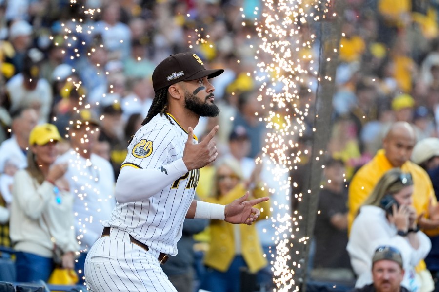 San Diego Padres' Fernando Tatis Jr. is introduced before Game 1 of an NL Wild Card Series baseball game against the Atlanta Braves, Tuesday, Oct. 1, 2024, in San Diego. (AP Photo/Gregory Bull)