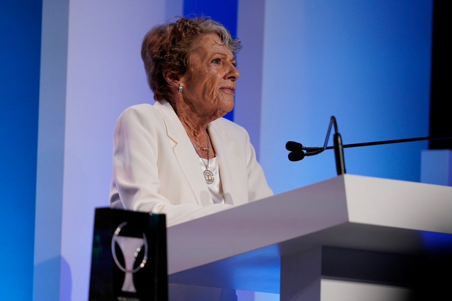 FILE - Susie Maxwell Berning speaks during her induction into the World Golf Hall of Fame, March 9, 2022, in Ponte Vedra Beach, Fla. (AP Photo/Gerald Herbert, File)