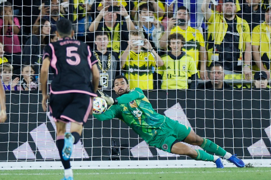 Inter Miami's Drake Callender makes a save on a Columbus Crew penalty kick during the second half of an MLS soccer match, Wednesday, Oct. 2, 2024, in Columbus, Ohio. (AP Photo/Jay LaPrete)