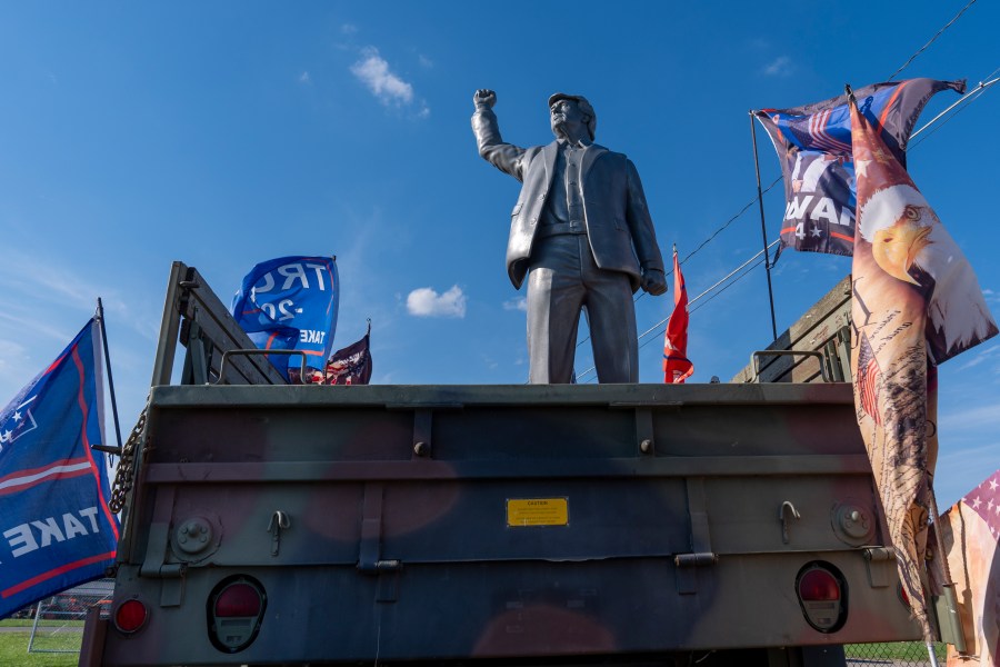 A statue of Republican presidential nominee former President Donald Trump is set up on a truck ahead of a campaign event at the Butler Farm Show, Friday, Oct. 4, 2024, in Butler, Pa. (AP Photo/Alex Brandon)