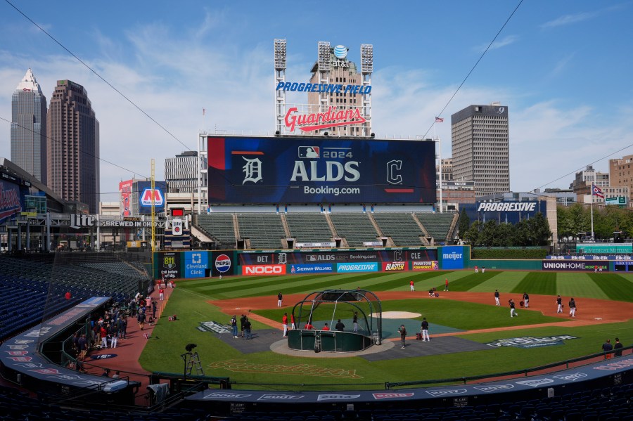 The Cleveland Guardians hold a baseball workout in Cleveland, Friday, Oct. 4, 2024, in preparation for the American League Division Series against the Detroit Tigers. (AP Photo/Sue Ogrocki)